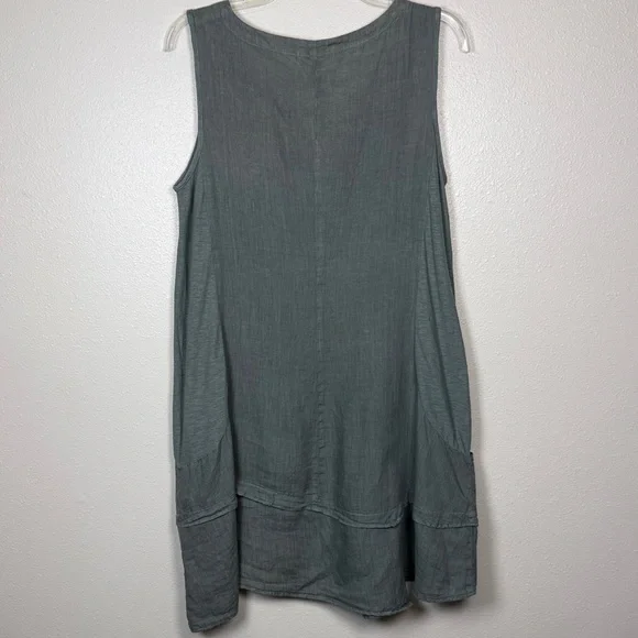 Cut Loose Linen Asym Tunic Dress M Sage Green Sleeveless Pocket Tiered Lagenlook - Picture 10 of 17